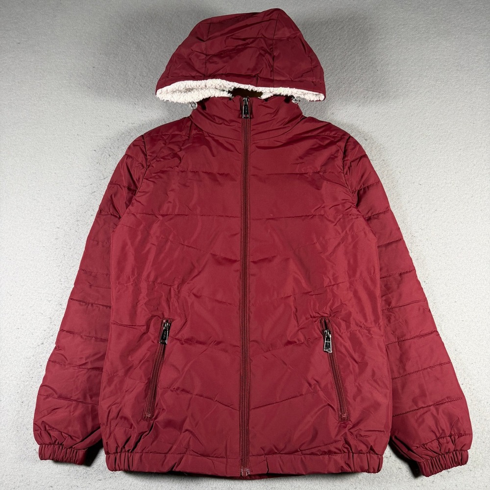 Wantdo Puffer Jacket Burgundy Red Sherpa Lined Hood Full Zip Womens Size Small